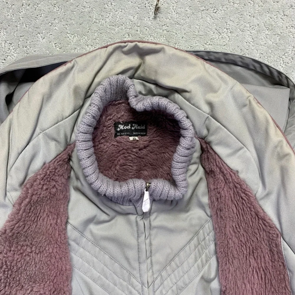Vintage Mod Maid Womens Jacket Medium Gray Lined Hooded Zip Up Parka Winter Coat